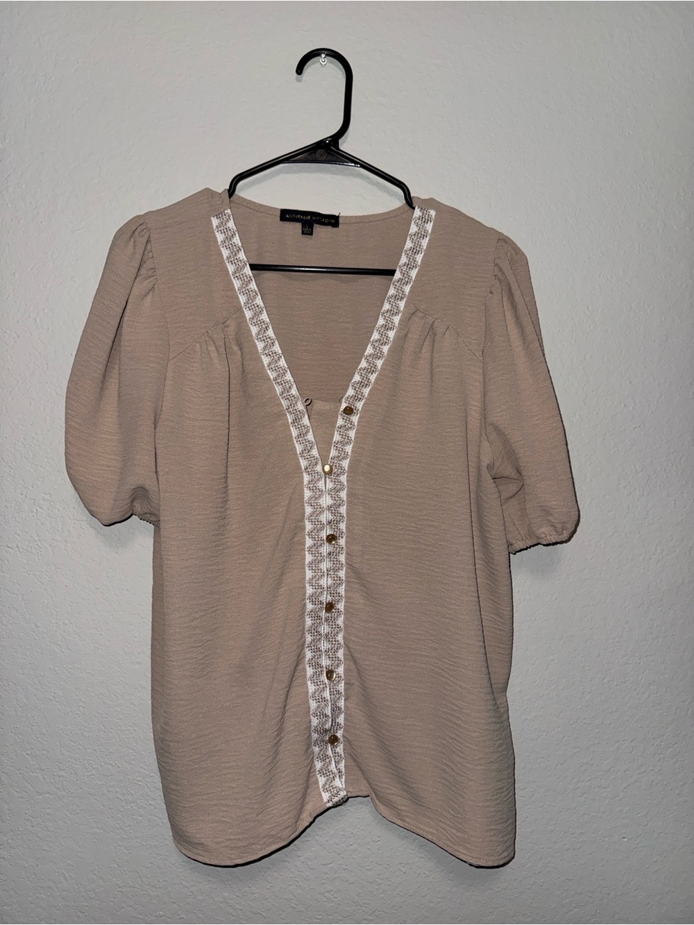 Adrienne Vittadini Taupe Button-Front Blouse with Cream Trim